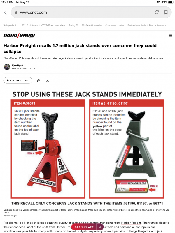 Harbor Freight Recalls Replacement Pittsburgh Jack Stands